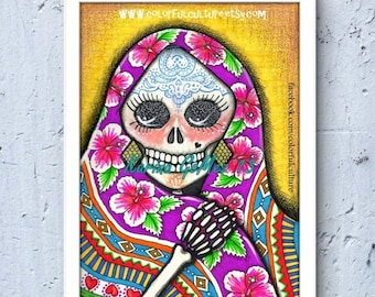 Chale!-The Shawl"Mexican Art by Karina Gomez,Day of the Dead/Dia de los Muertos Prints,Latina Hispanic Artist,Skull Wall Decor,Gift for her