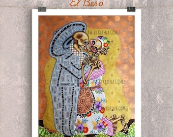 El Beso/The Kiss"Original Painting by Karina Gomez,Mexican Art-Arte Mexicano-Catrina-Calavera-Dia de Muertos-Day of the Dead Sugar Sulls