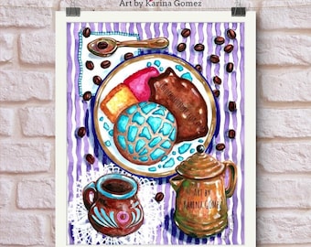 Panecito&quot;By Karina Gomez- Mexican Folk Art-Kitchen Cocina Decor-Pan Dulce Mexicano-Conchas-Coffee Cafecito Café-Wall Poster Prints-Gift for
