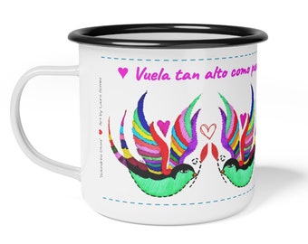 Steel Enamel Camp Cup"Vuela Alto"Mexican Folk Art by Laura Gomez, Golondrina Swallow design,Otomi Embroidery inspired Taza,Gifts for,friend
