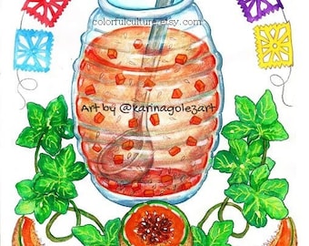 Agua Fresca de Melon / Cantaloupe Water" Original Art & Prints by Karina Gomez - Kitchen Decor- Cocina-Mexican Food Folk Art Wall-Latino Art