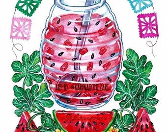 Agua Fresca de Sandia / Watermelon Water" Original Art & Prints by Karina Gomez - Kitchen Decor- Cocina-Mexican Food Folk Latino Wall Art