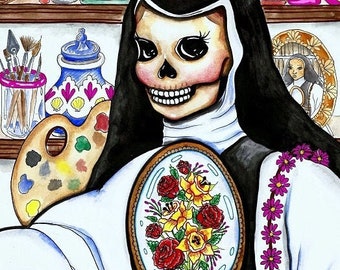 Engaño Colorido" Sor Juana Ines de la Cruz -Original Art by Karina Gomez- Print Reproduction- Day of the Dead -Dia de los Muertos Art