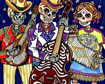 Serenata Norteña" Illustration- Art Print Giclee of Original Art b Karina Gomez-Mexican Art - Day of the Dead - Dia de los Muertos Art