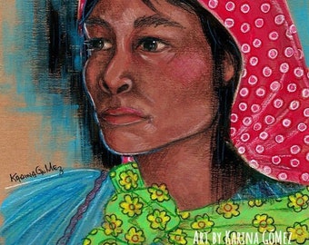 Tarahumara Pensando -  Art  by Karina Gomez - Arte Mexicano - Mexican Art - Original Art - Prints Available - Raramuri Indigenous Woman