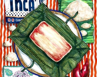 El Cuadrado - Tamales Oaxaqueños" Original Art and Giclee Prints by Karina Gomez-Mexican Art - Kitchen Decor - Cocina Mexicana - Restaurant