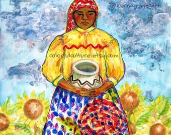 Tarahumara y Girasoles -Tarahumara and Sunflowers -Original Art by Karina Gomez- Mexican Art -Original Art & Prints Available - Raramuri Art