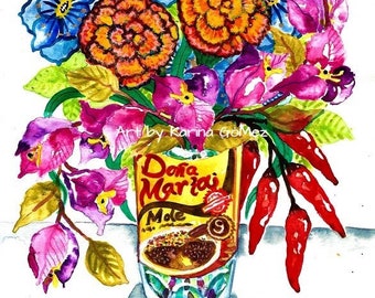 Flores Enmoladas" Original Art and Prints by Karina Gomez - Kitchen Decor - Cocina - Flowers - Mole Dona Maria - Mexican Folk Art Wall Decor