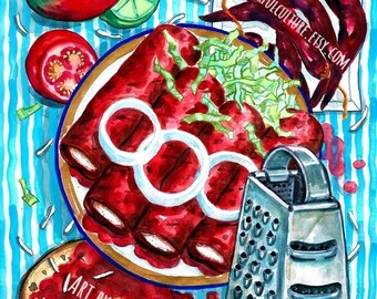 Las Enchiladas" Original Art and Prints by Karina Gomez- Mexican Art- Kitchen Decor- Cocina Mexicana