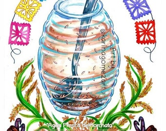 Agua Fresca de Horchata / Horchata Water" Original Art & Prints by Karina Gomez - Kitchen Decor- Cocina-Mexican Food Folk Latino Wall Art