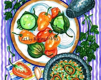 Los Ardientes / Salsa de Habanero" Original Art and Giclee Prints by Karina Gomez - Mexican Art - Kitchen Decor  - Cocina Mexicana - Salsa