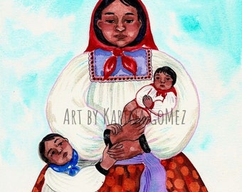 Lazos Tarahumaras - Tarahumara Ties - Art de Karina Gomez - Art mexicain - Original et estampes disponibles - Tarahumara Mother - Femmes autochtones
