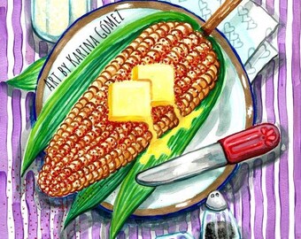 Elote en Palo / Corn" Original Art and Giclee Prints by Karina Gomez - Mexican Art - Kitchen Decor - Mexican Food- Original & Prints