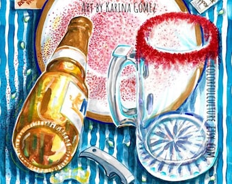 La Preparada / La Michelada /Mexican Drink" Original Art and Giclee Prints by Karina Gomez- Mexican Art - Kitchen Decor -Mexican Food-Cocina