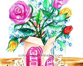 Florezotas" Original Art & Prints by Karina Gomez - Kitchen Decor - Cocina - Mexican Flowers Roses Folk Latino Wall Art  -Poster