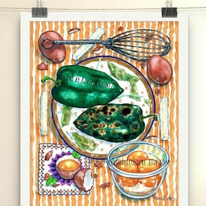 Con Huevos/Chiles Rellenos&quot; Original Painting & Prints by Karina Gomez-Mexican Food Art- Kitchen Wall Decor-Cocina Mexicana Poster-Peppers