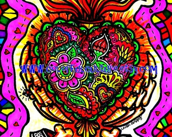 Corazon Sagrado/ Sacred Heart"-Art Print by LAURA GOMEZ- 8"x10" Or 11x14"-Day of the Dead- Dia de los Muertos-Mexican Folk Art