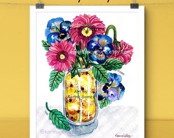 Flores y Guayabas"Original Painting & Prints by Karina Gomez,Home Kitchen Decor,Mexican Cocina Food,Folk Latina Artist,Wall Art Poster-Gifts