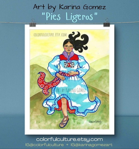 Pies Ligeros/Light Footed Woman"Mujer Tarahumara Pintura-Original Painting & Print by Karina Gomez-Mexican Folk Art-Indigenous Runner Poster
