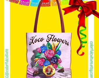 Xoco Flowers"Cute Chocolate Abuelita Tote Bag-16X16"Original Artwork by Karina Gomez,Floral Bouquet,Mexican Art,Shopping Shoulder Bag,Gift