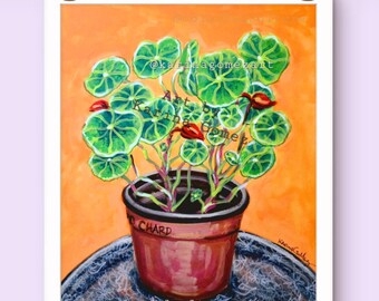 Nasturtium in Recycled Pot"Original Painting & Prints by Karina Gomez,Wall Decor Poster,Mexican Folk Art,Latina Artist Artwork,Plantitas for