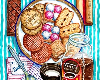 Surtidas" Original Art and Prints by Karina Gomez - Mexican Art - Kitchen Decor - Cocina Mexicana - Cookies Galletas - Pan Dulce - Nescafe