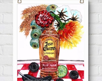 Flores Especiales"Original Painting & Fine Art Prints by Karina Gomez-Kitchen Wall Decor-Mexican Cocina Poster,Folk Latin-Drinks Tequila for