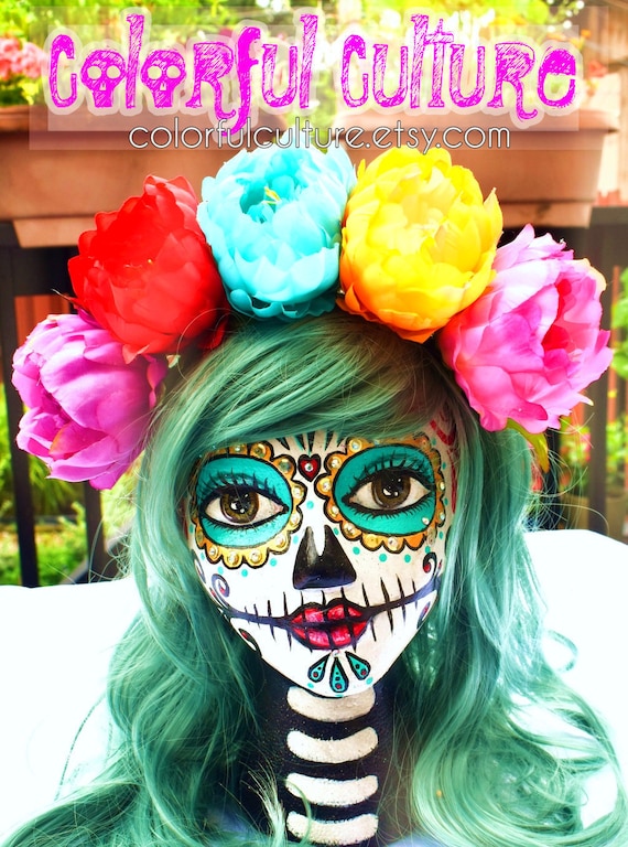 Large Orange Black Rose Flower Headband Sugar Skull Day of the Dead Frida 6139