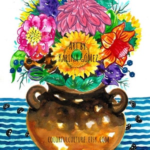 Flores de la Olla Arte Original e Impresiones Giclee de Karina Gomez Arte Mexicano Decoración de Cocina Cocina Flores Arte Popular Mexicano Hogar imagen 1