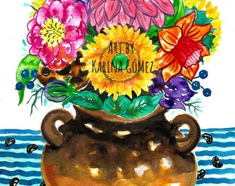 Flores de la Olla" Original Art and Giclee Prints by Karina Gomez - Mexican Art - Kitchen Decor - Cocina - Flowers Mexican Folk Art - Home