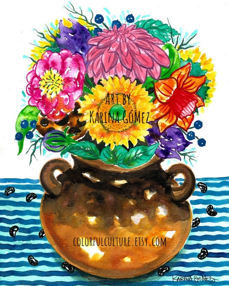 Flores de la Olla Arte Original e Impresiones Giclee de Karina Gomez Arte Mexicano Decoración de Cocina Cocina Flores Arte Popular Mexicano Hogar imagen 1