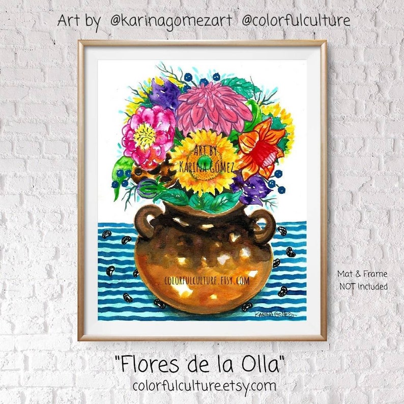 Oeuvres d'art originales Flores de la Olla et impressions giclées par Karina Gomez art mexicain décoration de cuisine Cocina fleurs art folklorique mexicain maison image 2