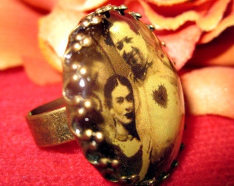 Antique Adjustable Ring-Frida Y Diego,Un Amor a la Mexicana in Sepia-Small Print form Original Art by ColorFul Culture(Private Collection)