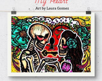 La Llave de Mi Corazón/The Key to my Heart"Original Dia de Muertos Art-Day of the Dead Prints-Novios Wedding Votes- Mexican Latin Calaveras