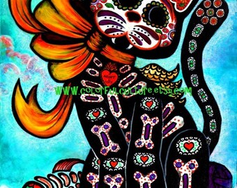 Bad Luck? My Tail!!- Art Print by Laura Gomez- 8.5" x 11" Or 11" x 14"- Cat - Day of the Dead - Muertos- Mexican Art- From Original painting