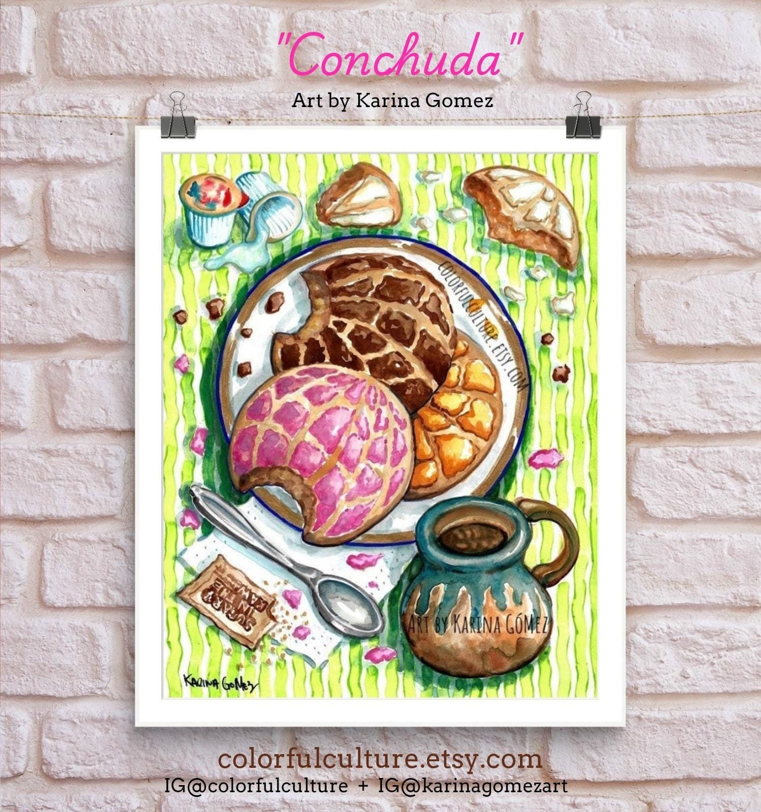 Conchuda"Original Painting & Prints by Karina Gomez-Mexican Food Art-Kitchen Wall Decor-Cocina Mexicana Poster- Conchas Pan Dulce-Panecito