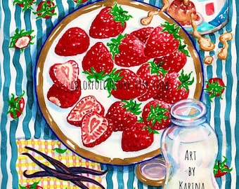 Fresas con Crema" Original Art and Giclee Prints by Karina Gomez - Mexican Art - Kitchen Decor - Cocina Mexicana - Strawberries Art