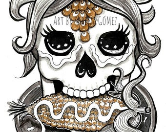 La Mazorca" Original Art and Giclee Prints by Karina Gomez - Mexican Art - Dia de los Muertos - Day of the Dead Art - Corn