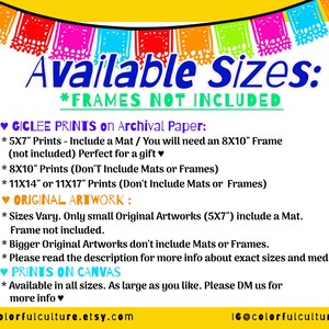 May include: A graphic with a yellow background and colorful paper garland border. The text "Available Sizes" is in blue with a black outline. The text "*FRAMES NOT INCLUDED" is in black. The text below lists different print sizes and whether they include a mat or frame. The text "colorfulculture.etsy.com" and "IG@colorfulculture" are at the bottom of the graphic.