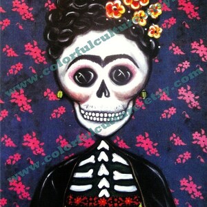 May include: A painting of a woman with a sugar skull makeup, wearing a black jacket and a yellow and red patterned blouse. She has a black flower crown on her head and is against a dark blue background with pink flowers.