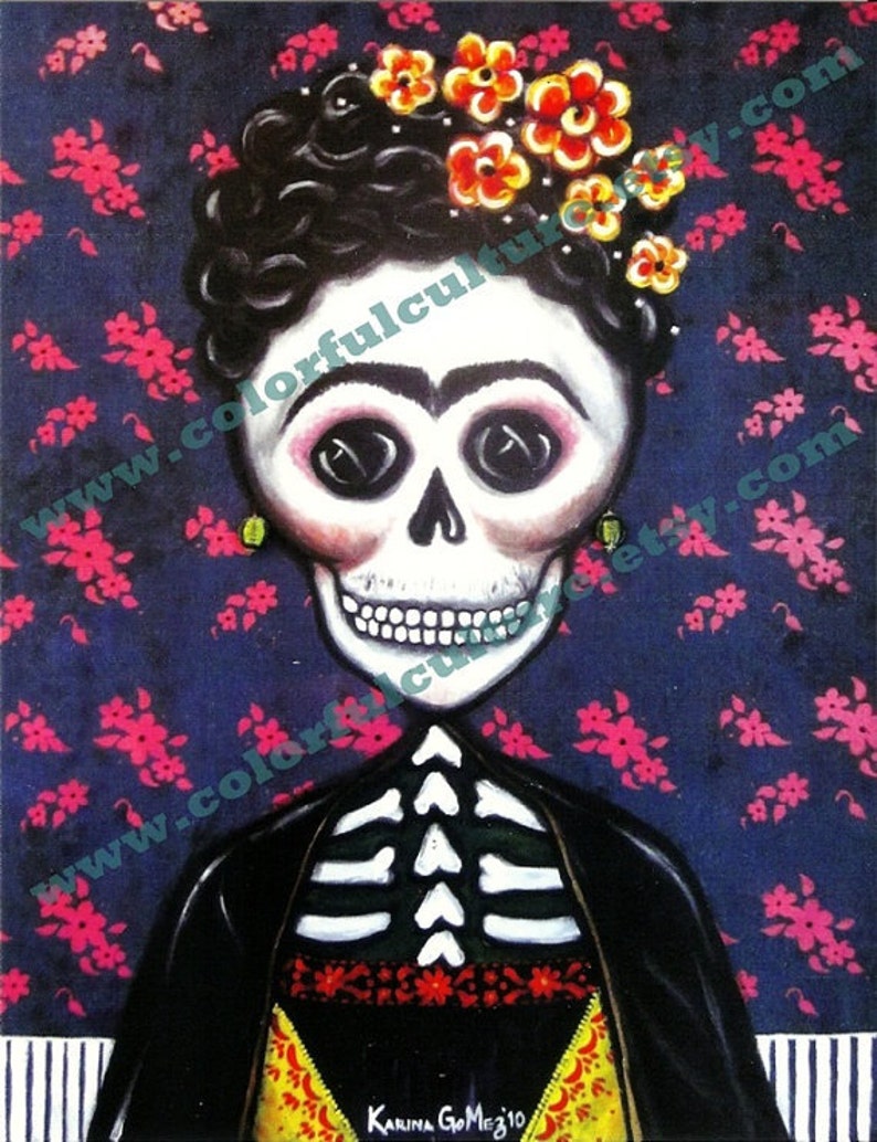 May include: A painting of a woman with a sugar skull makeup, wearing a black jacket and a yellow and red patterned blouse. She has a black flower crown on her head and is against a dark blue background with pink flowers.