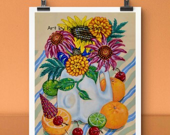 Que Elegancia la de Francia"Original Painting & Fine Art Prints by Karina Gomez-Kitchen Wall Decor-Mexican Folk Poster-Hispanic Modern Home
