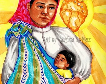 Tarahumara Mother and Solar Heart - Madre Tarahumara y Corazon Solar-Original Art by Karina Gomez-Mexican Art -Original and Prints Available