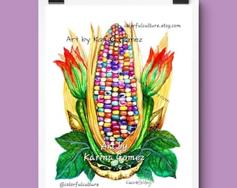 Sistema Tres Hermanas/Maiz Arcoiris"Original Painting & Fine Art Prints by Karina Gomez-Kitchen Wall Decor-Mexican Folk Poster-Hispanic Home