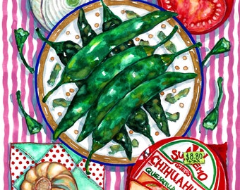 Chile Chilaca a Ocho Ochenta / Mexican Peppers" Original Art and Prints by Karina Gomez- Mexican Art- Kitchen Decor- Cocina Mexicana - Food