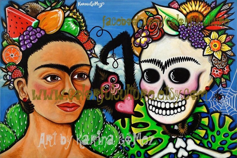 Fridas and Spider Monkey Fridas y Changuito Araña Art by Karina Gomez Giclee Art Print 8.5 x 11 Or 11 x 17 Mexican Art image 1