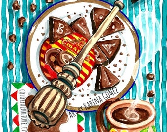 El Verdadero Chocolate" Original Art and Giclee Prints by Karina Gomez - Mexican Art - Kitchen Decor  - Cocina Mexicana - Hot Coccoa -