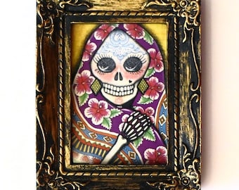 Chale by Karina Gomez - Mini Print Fridge Magnet on Golden Antique Frame-3.5" X 2.75" - Dia de los Muertos Day of the Dead Art