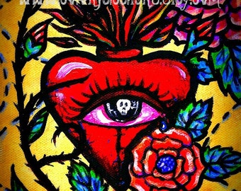 Los Ojos de un Corazon-The Eyes of One's Heart" Art Print by Laura Gomez-Dia de los Muertos-Corazon Sagrado/Sacred Heart Art-Mexican Art