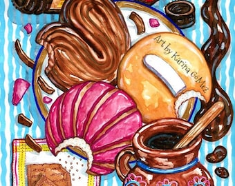 El Mañanero" Original Art and Giclee Prints by Karina Gomez - Mexican Art - Kitchen Decor - Cocina Mexicana - Concha Art -Pan Dulce Mexicano